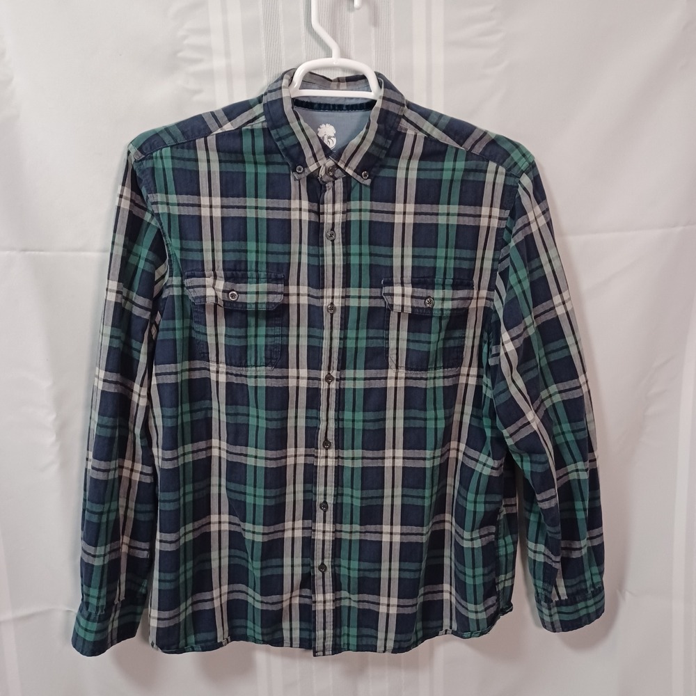 Ocean & Coast Button Down Mens XL Blue Green Plaid Long Sleeve Cotton Shirt
